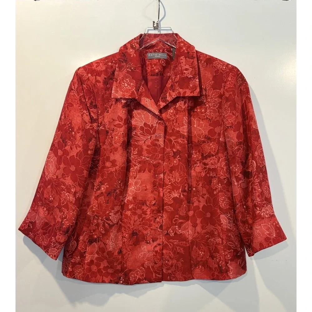 Kate Hill Woman 100% Silk Red Floral Blazer Jacket 16W 3/4 Sleeve Lined Notched